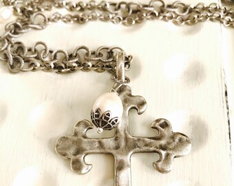 Long silver cross necklace, long silver chain pearl necklace