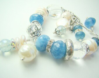 Chunky blue pearl bracelet, blue stone, silver, crystal charm bracelet... QUIET WATERS