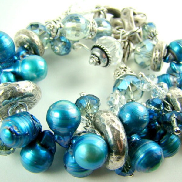 ON SALE...Blue cha cha bracelet, blue pearls, pearl cluster bracelet, chunky charm bracelet