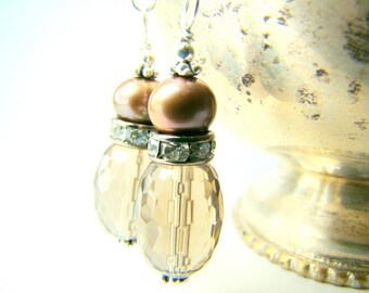 Smokey Quartz and Pearl Earrings... quartz, pearls, rhinestones and sterling silver