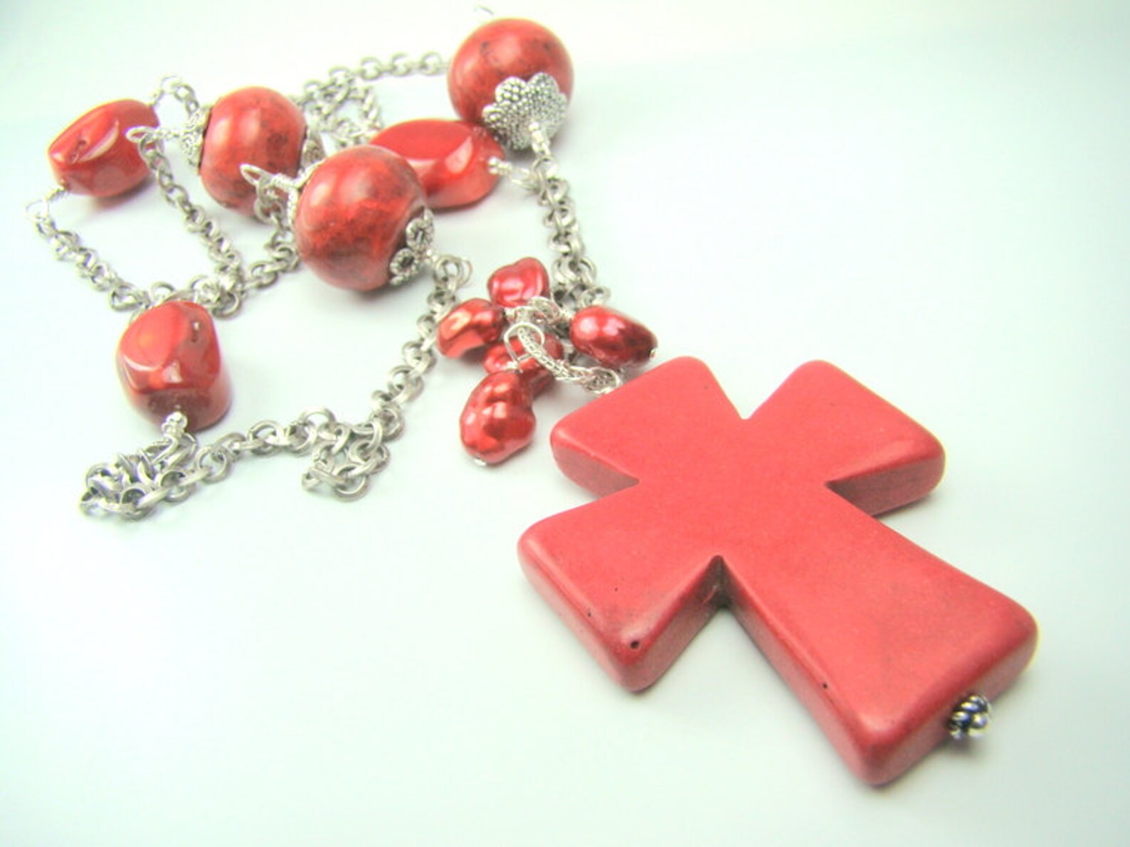 Red Cross Pendant Necklace, Red Statement Necklace, Long Red Gemstone