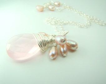 Pink quartz necklace, pink pearl necklace, wire wrapped, pastel pink bridal jewelry ...  BLUSHED