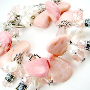 Pink statement bracelet, peachy pink cha cha charm bracelet, pink coral, pearl charms image 2