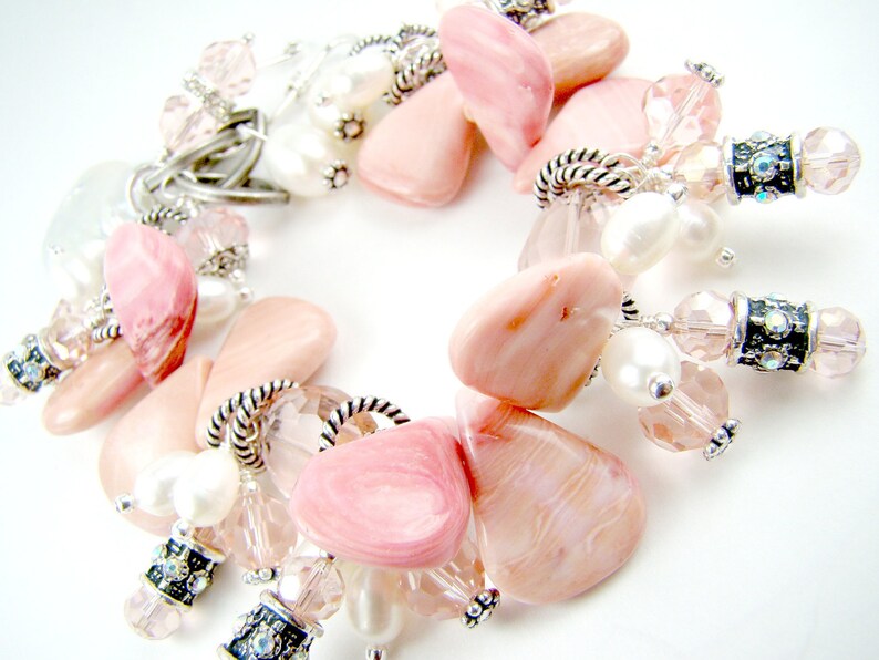 Pink statement bracelet, peachy pink cha cha charm bracelet, pink coral, pearl charms image 2