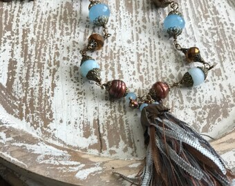 Blue and brown tassel necklace, brown pearls, blue quartz, aquamarine