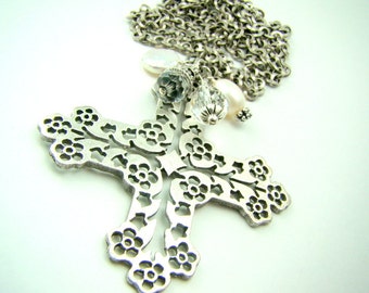 Long cross necklace, silver pendant necklace,gothic filigree cross