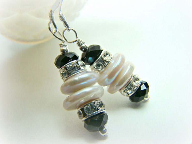 Black and White pearl, crystal earrings... TUXEDO image 4