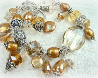 Gold pearl bracelet, crystal pearl charm bracelet, chunky golden pearl... GOLDEN TOPAZ