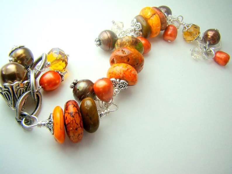 Chunky orange bracelet, fall colors, gemstone charm bracelet, burnt orange turquoise stone charm bracelet, ... INDIAN SUMMER image 2