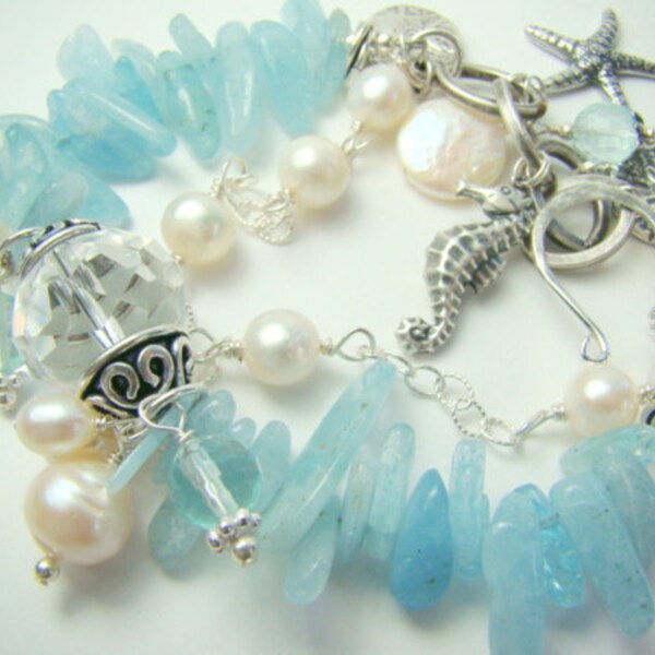 SALE...Aquamarine bracelet, chunky pearl charm bracelet, pale blue double strand,... AQUAMARINE DREAMS