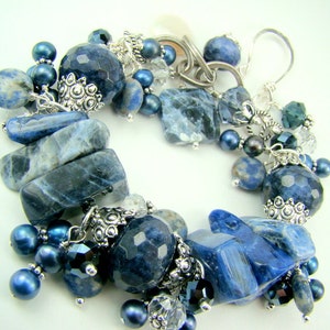 Blue cha cha bracelet, denim blue pearl statement bracelet, blue gemstones, chunky charm bracelet... DENIM image 4