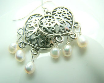 Pearl silver heart earrings... FILIGREE HEART
