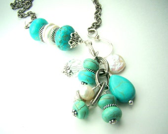 Turquoise and pearls necklace, lariat style necklace, beach necklace, robin egg blue pastel