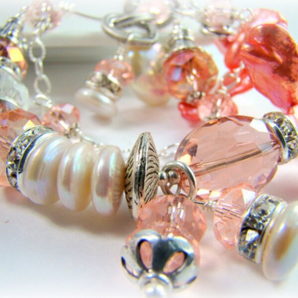 ON SALE...Peach pearl bracelet, bridal jewelry, chunky double strand bracelet.