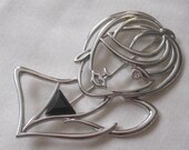 Large JJ Jonette Ladies Silhouette Face and Bust Brooch in Silver-tone with Black and Clear Crystal 1980 39 s