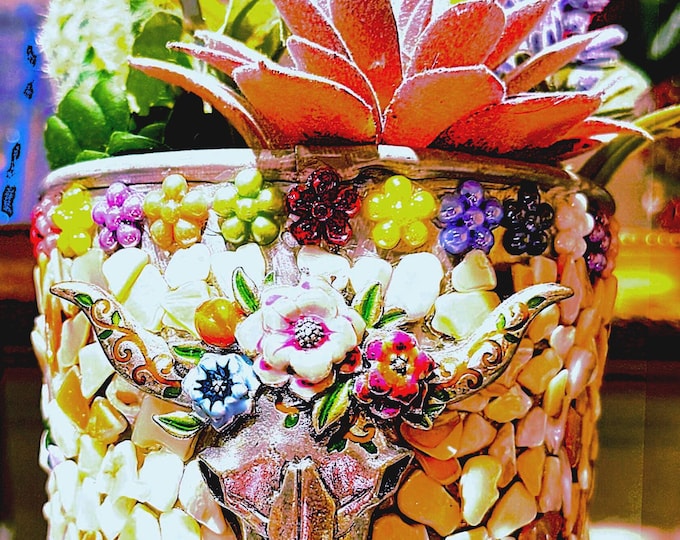 Handmade Longhorn Mother of Pearl Mosaic Planter: Western Desk Organizer