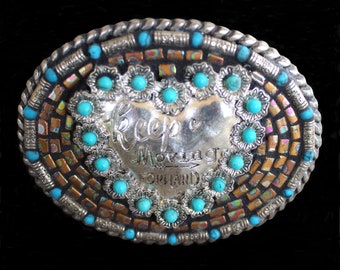 Western Southwest Embellished Mosaic Belt Buckle with Faux Turquoise