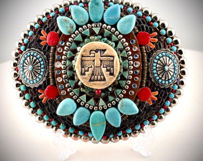 Handmade Thunderbird Mosaic Belt Buckle, Southwestern, Native American Inspired Boho Wearable Art, One of a Kind Statement Buckle