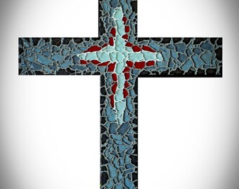 Modern Contemporary Mosaic Glass Cross in Grays White and Red