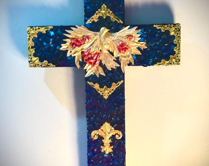 Mosaic Wall Cross with Sapphire Blue Fire Glass and Handmade Peace Dove Focal