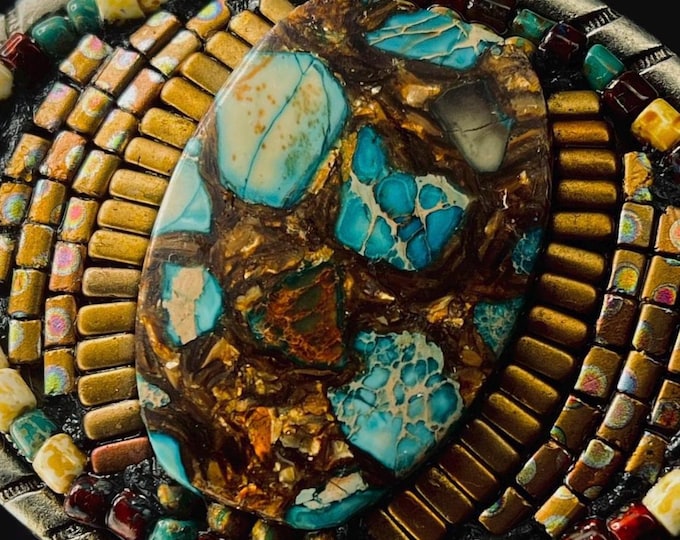 Mosaic Gemstone Turquoise, Copper & Czech Glass  Belt Buckle