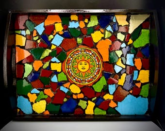 Handmade Talavera Tile Tray: Mexican Sun Face Mosaic, Rustic Boho Decor