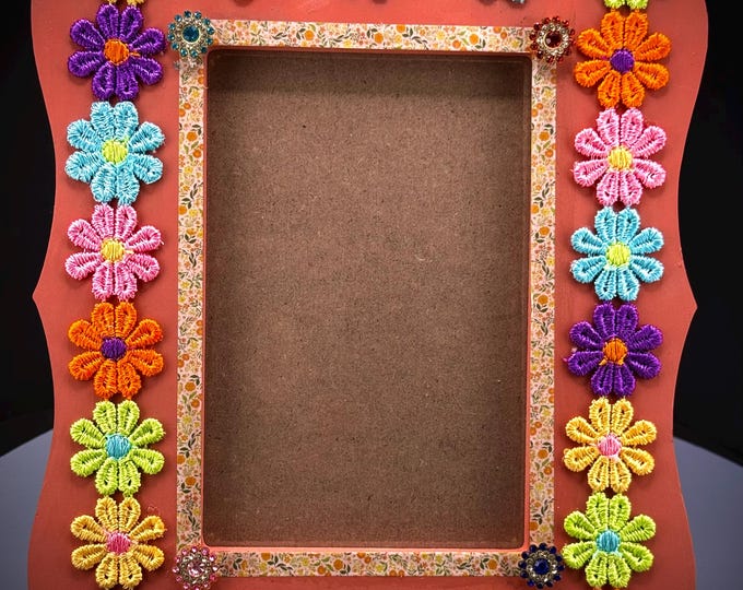 Floral Scrolled Tabletop Picture Frame with Embroidered Flowers