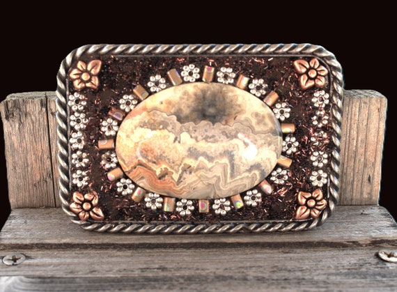 Silver and Brown Agate Belt Buckle Sterling Silver Belt Buckle Featuring a Stunning Laguna  main image 4