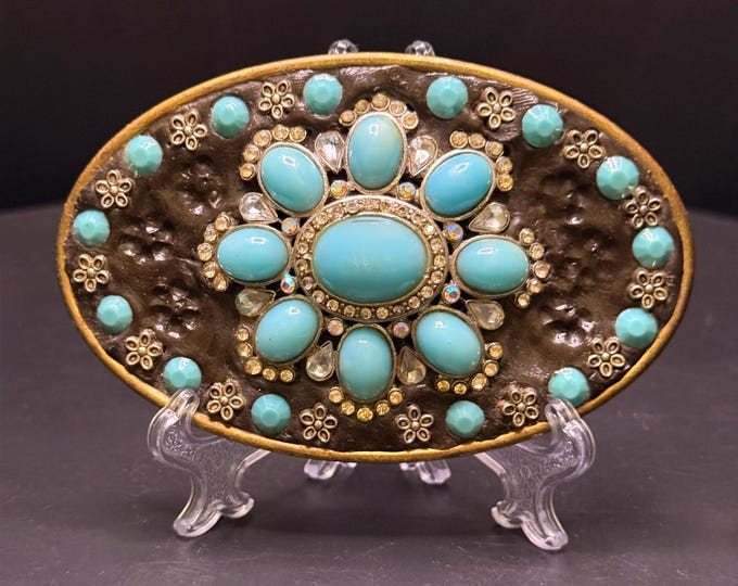Dressy Lady's Belt Buckle with Faux Turquoise Rhinestone Brooch