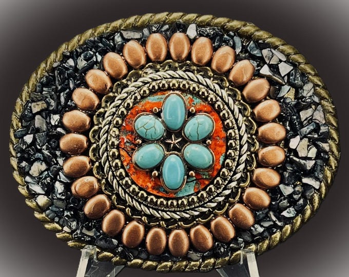 Western Southwestern Belt Buckle, Faux Turquoise, Mother of Pearl, Artisan buckle