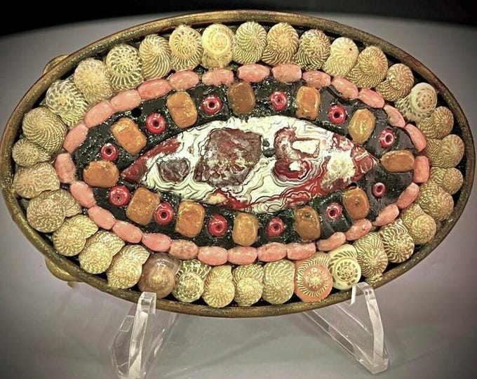 Handmade Unisex Mosaic Belt Buckle: Coral, Jasper & River Stone Inlay - Brass Finished Frame