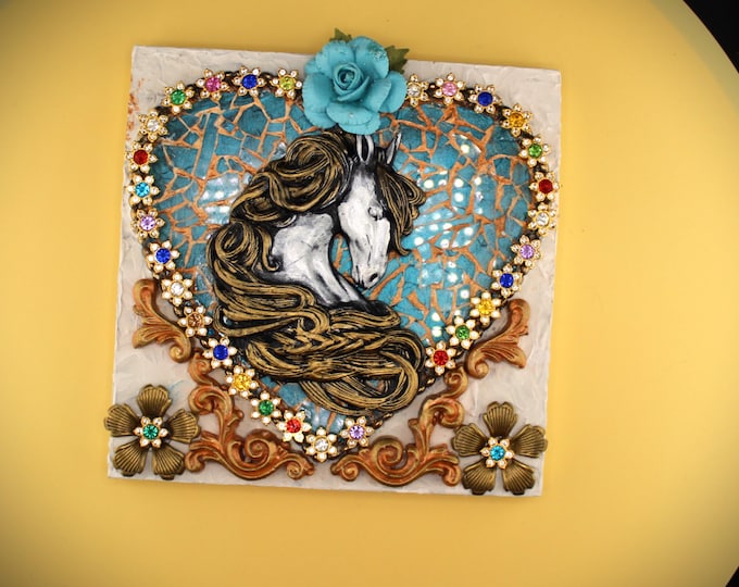 Mosaic Horse Art: Rhinestone Heart Wall Hanging, Equine Gift