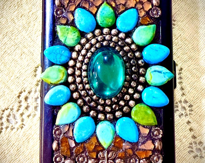 Multi Use Embellished Cigarette Case, Business Card Case, Metal Wallet—Double Sided--Western Southwestern Design