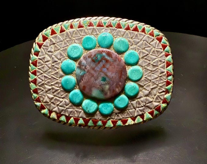 Mosaic Southwestern Belt Buckle with Agate and Turquoise Flower