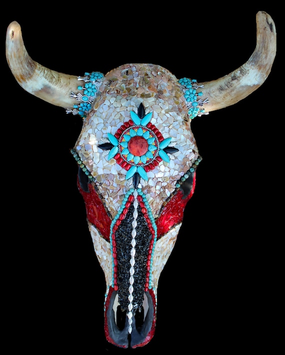 Decorated Mosaic Cow Skull Southwestern Native American Style Etsy