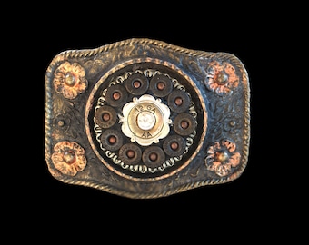 Rustic Antique Bronze Unisex Belt Buckle with Bullet Caps Focal