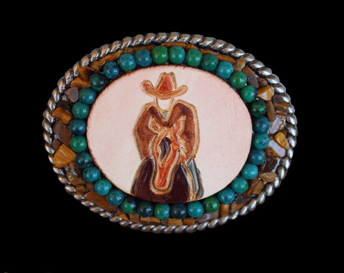 Ceramic Cowboy Buckle: Chrysocolla & Tiger's Eye Pewter Belt Buckle