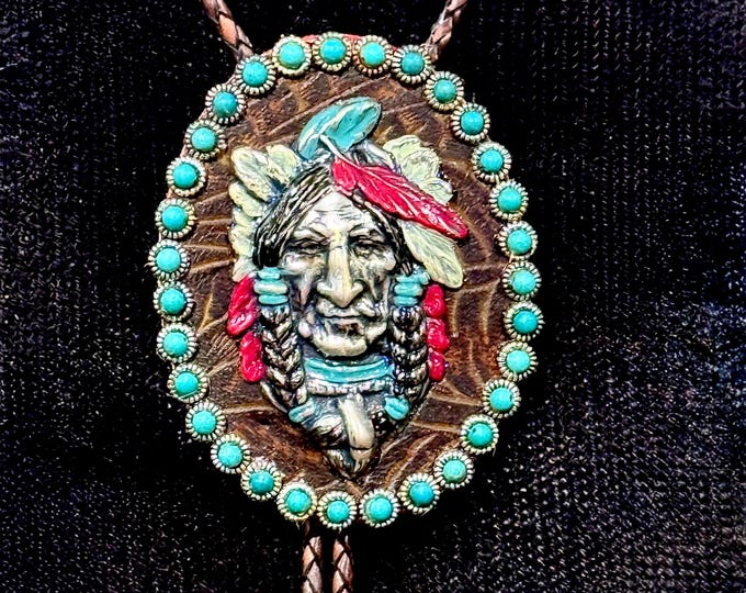 Large Native American Western Southwestern Bolo Tie Necklace Unisex Cowboys or Cowgirls