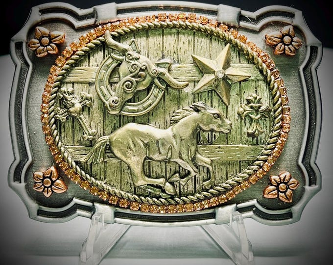 Handmade Western Belt Buckle: Horse, Horseshoe, Bull Rodeo Style