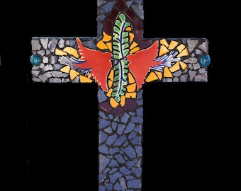 Rustic Mosaic Wall Cross Made with Talavera Tiles and Repurposed Tiles