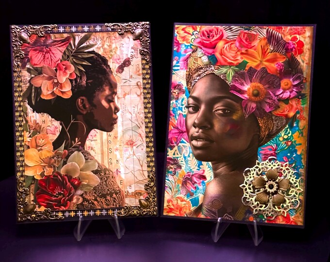 Floral Goddess Portrait Cards, Mixed Media Art, Set of Two