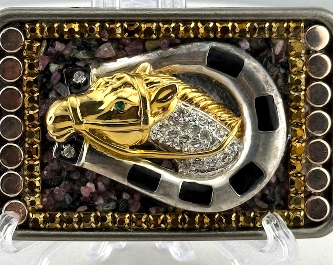 Small Rhinestone Horse in Horseshoe with Tourmaline Belt Buckle