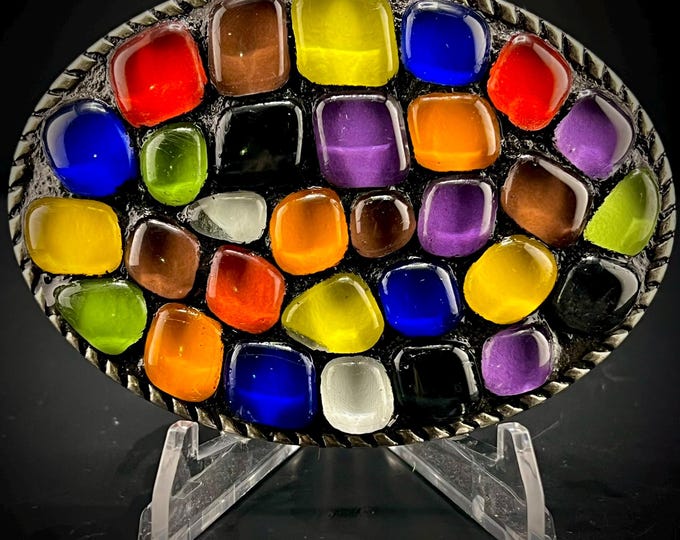 Glass Gems Mosaic Belt Buckle: Silver-Tone Western, Boho or Hippie Wear