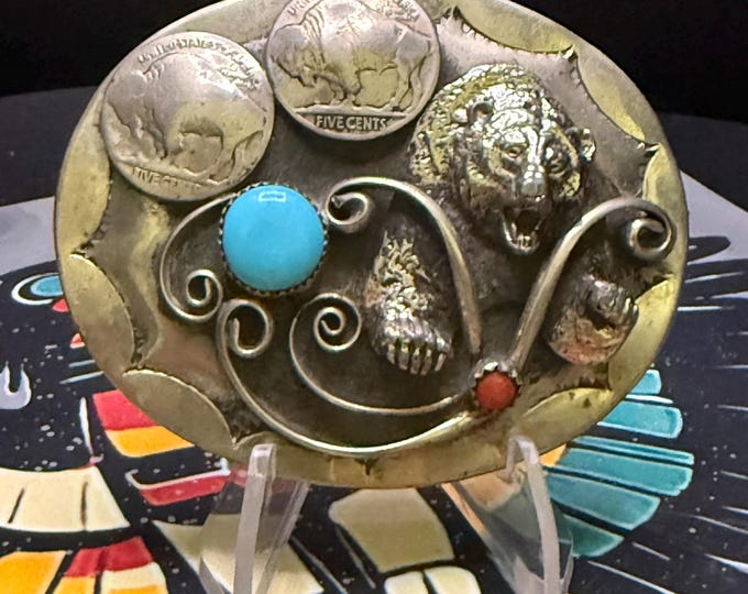Vintage Navajo Native American Handmade Belt Buckle From Early 80’s. Genuine Turquoise and Coral. Grizzly Bear Buffalo Nickels