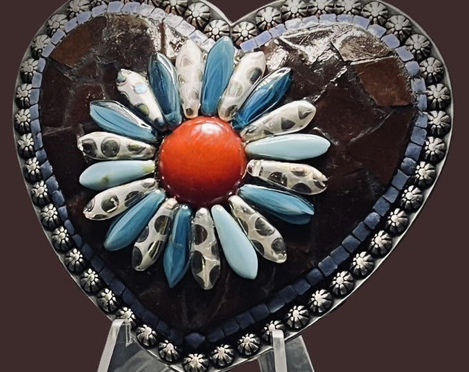Mosaic Heart Belt Buckle with Czech Glass Peacock Dagger Beads