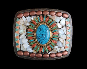 Embellished Southwestern Western Mosaic Belt Buckle with Faux Turquoise and Coral and Mother of Pearl