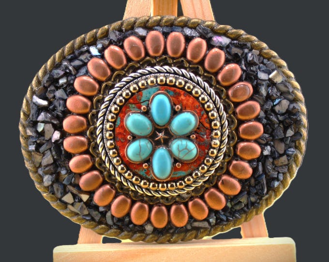 Western Southwestern Unisex Belt Buckle with Faux Turquoise and Mother of Pearl