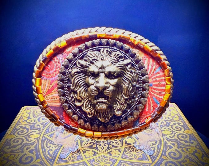 Tribal Lion Belt Buckle, Tiger's Eye & Filigree