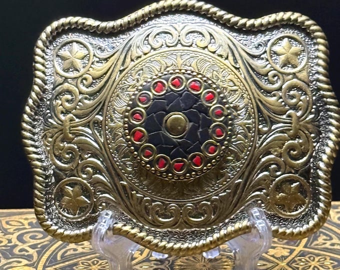 Ornate Western Belt Buckle – Silver, Coral & Onyx