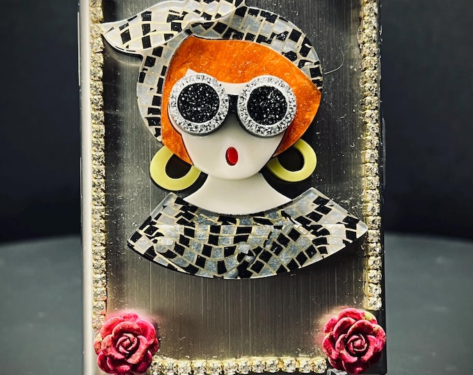 Retro Lady Acrylic Card Case: Glitter Sunglasses, Handmade Fashionista Wallet